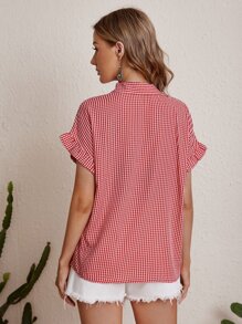 SHEIN VCAY Blusa de cuello notch de guingán - Rojo - Ver 2