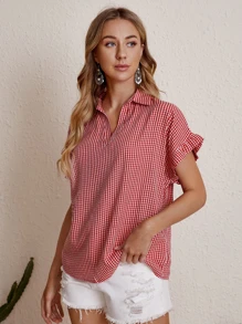 SHEIN VCAY Blusa de cuello notch de guingán - Rojo - Ver 5