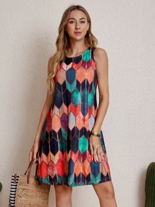 Allover Print Sleeveless Tunic Dress