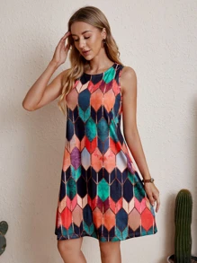 Allover Print Sleeveless Tunic Dress