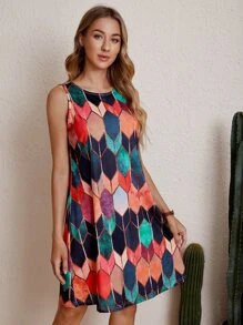 Allover Print Sleeveless Tunic Dress