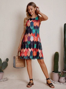 Allover Print Sleeveless Tunic Dress