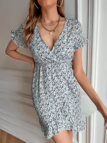 SHEIN VCAY Ditsy Floral Ruffle Trim Wrap Dress - Multicolor - View 1