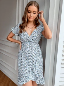 SHEIN VCAY Ditsy Floral Ruffle Trim Wrap Dress - Multicolor - View 5
