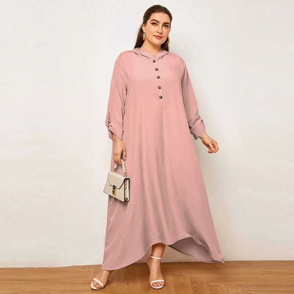 

Plus Solid Roll Up Sleeve Hooded Dress, Dusty pink