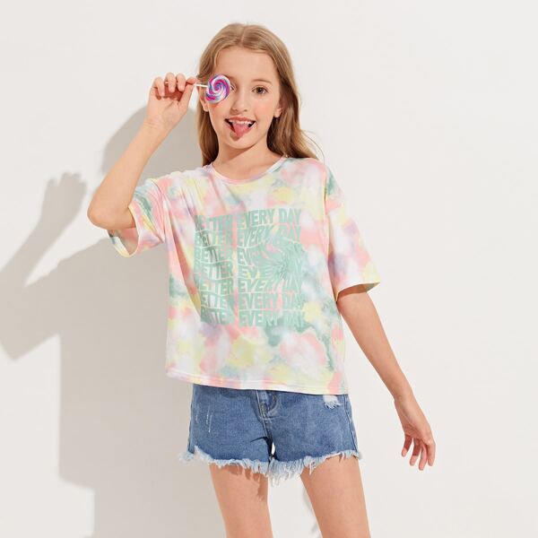 

Girls Drop Shoulder Slogan Graphic Tie Dye Tee, Multicolor