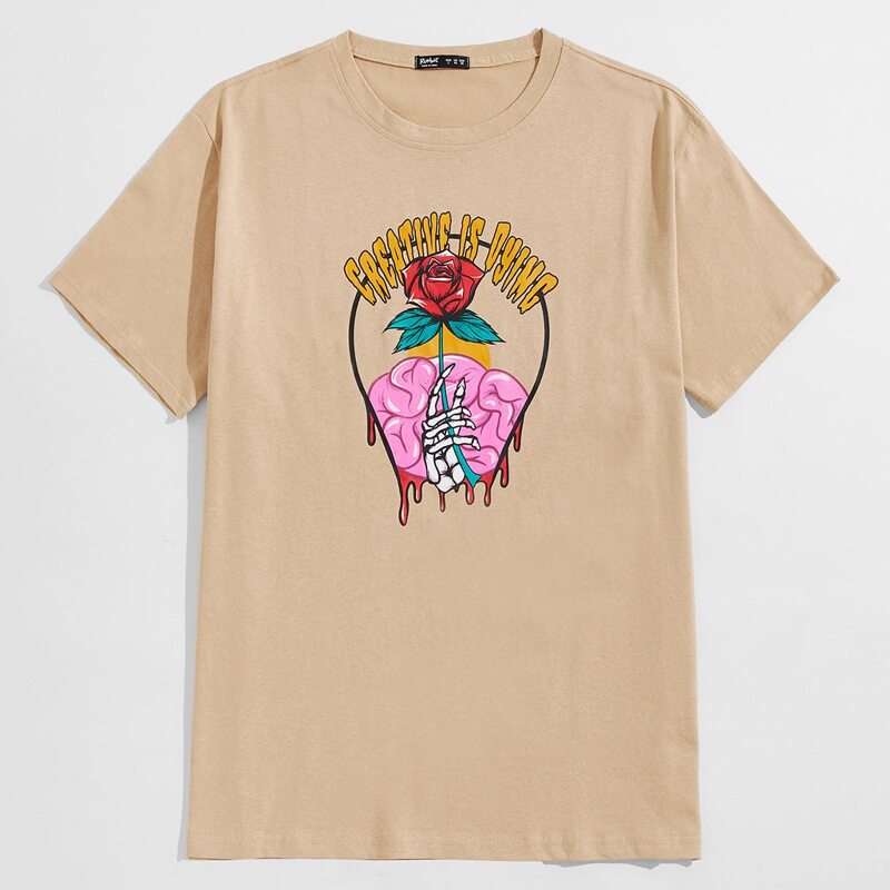

Unisex 1pc Floral & Skeleton Graphic Tee, Apricot