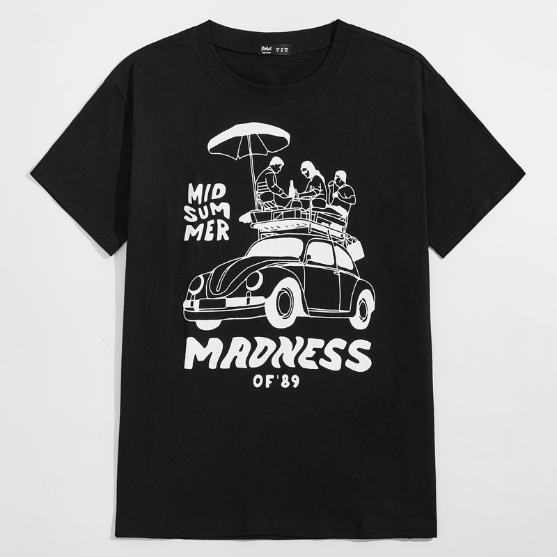 

Unisex 1pc Letter Car & Figure Graphic Tee, Black