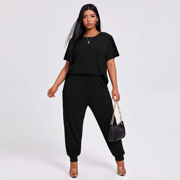 

Plus Contrast Lace Tee & Sweatpants, Black