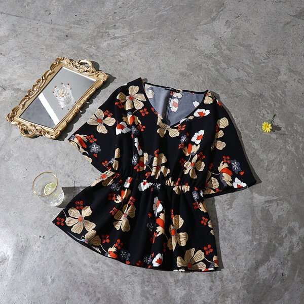 

Plus Floral Print Peplum Blouse, Multicolor