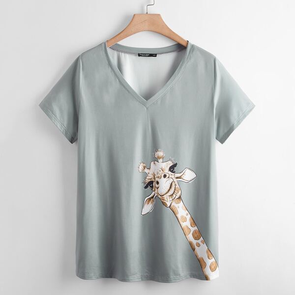 

Plus Giraffe Print V-neck Tee, Grey