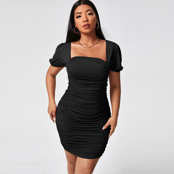 

Plus Square Neck Ruched Bodycon Dress, Black