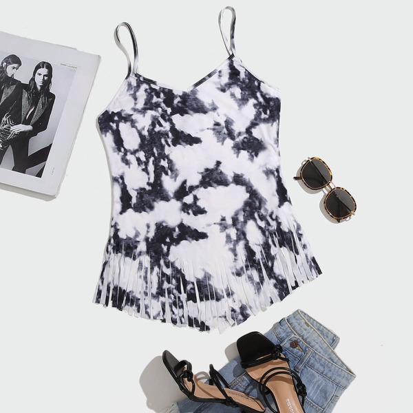 

Plus Tie Dye Fringe Hem Cami Top, Black and white
