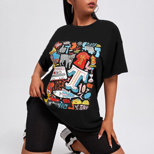 

Plus Drop Shoulder Cartoon Graphic Long Tee, Black