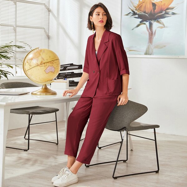 

3pcs Solid Cami Top & Lapel Neck Blazer & Straight Leg Pants, Burgundy