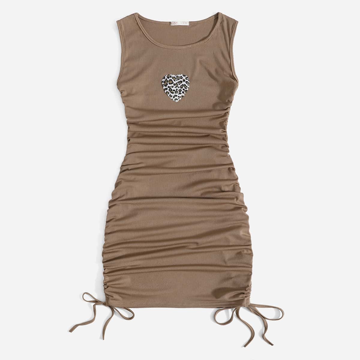 

Leopard Heart Graphic Drawstring Bodycon Dress, Mocha brown