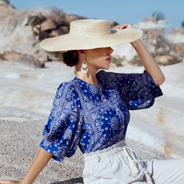 

Scarf Print Bishop Sleeve Blouse, Blue and white