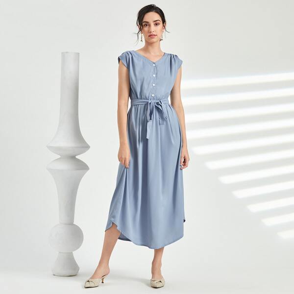 

Solid Belted Button Front Dress, Blue