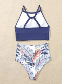 SHEIN Swim 熱帶圖案坦基尼套裝吊脖4路彈性後上衣和高腰下裝2入組泳衣 - 彩色 - 查看 2