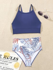 SHEIN Swim 熱帶圖案坦基尼套裝吊脖4路彈性後上衣和高腰下裝2入組泳衣 - 彩色 - 查看 4