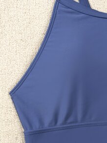 SHEIN Swim 熱帶圖案坦基尼套裝吊脖4路彈性後上衣和高腰下裝2入組泳衣 - 彩色 - 查看 5