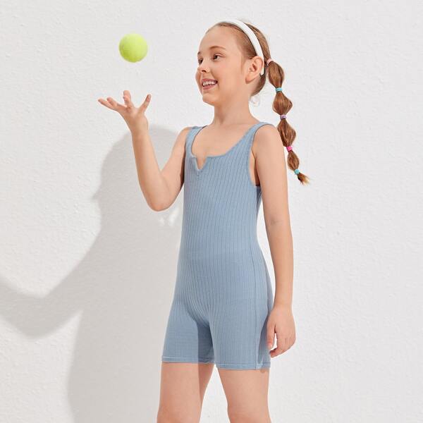 

Girls Solid Rib Knit Romper, Dusty blue