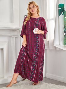 SHEIN Unity Plus Size Allover Print Night Dress, Fall & Winter - Red - View 1