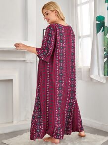 SHEIN Unity Plus Size Allover Print Night Dress, Fall & Winter - Red - View 2