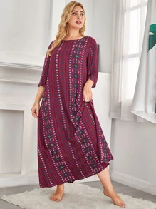 SHEIN Unity Plus Size Allover Print Night Dress, Fall & Winter - Red - View 3