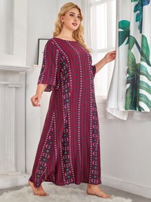 SHEIN Unity Plus Size Allover Print Night Dress, Fall & Winter - Red - View 4