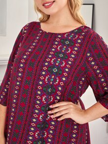 SHEIN Unity Plus Size Allover Print Night Dress, Fall & Winter - Red - View 5