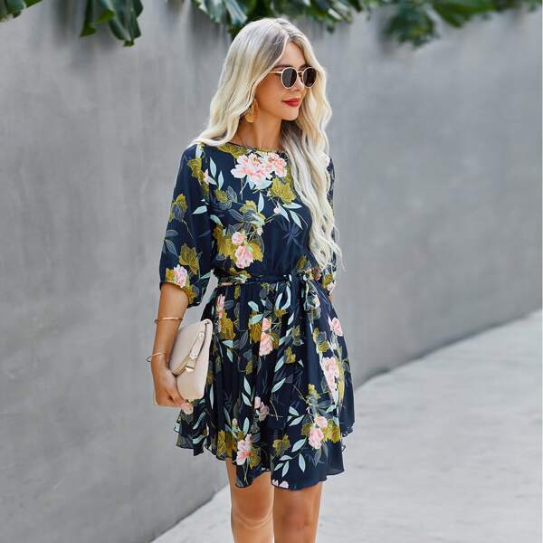 

Floral Print Keyhole Back Dress, Navy blue