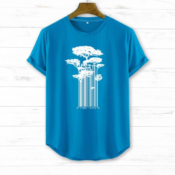 

Men Plants Print Curved Hem Tee, Blue