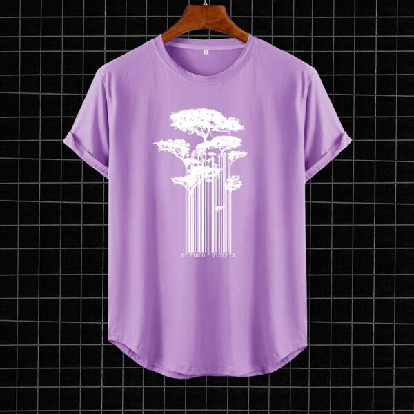 

Men Plants Print Curved Hem Tee, Violet purple
