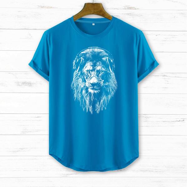 

Men Lion Print Short Sleeve Tee, Blue