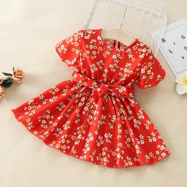 

Baby Girl Allover Floral Belted Dress, Red