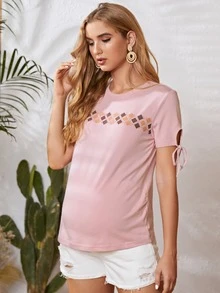 SHEIN Maternity Argyle Print Knot Cuff Tee - Dusty Pink - View 3