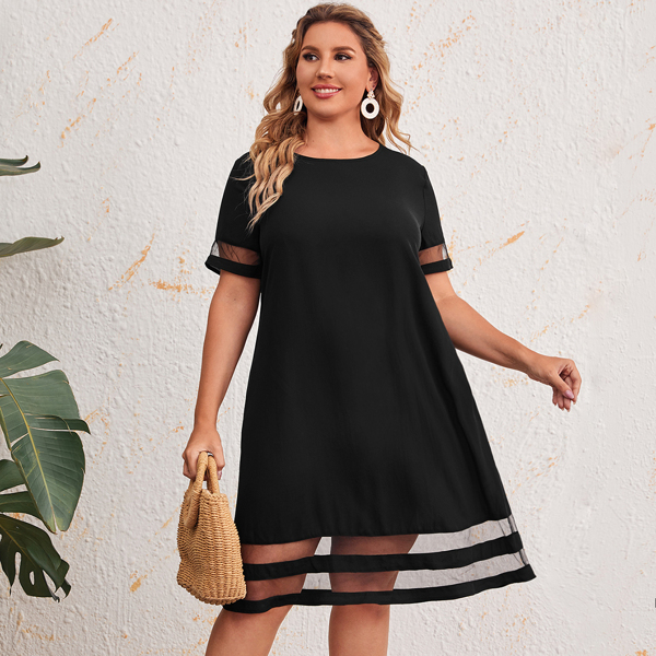 

Plus Solid Mesh Insert Tunic Dress, Black