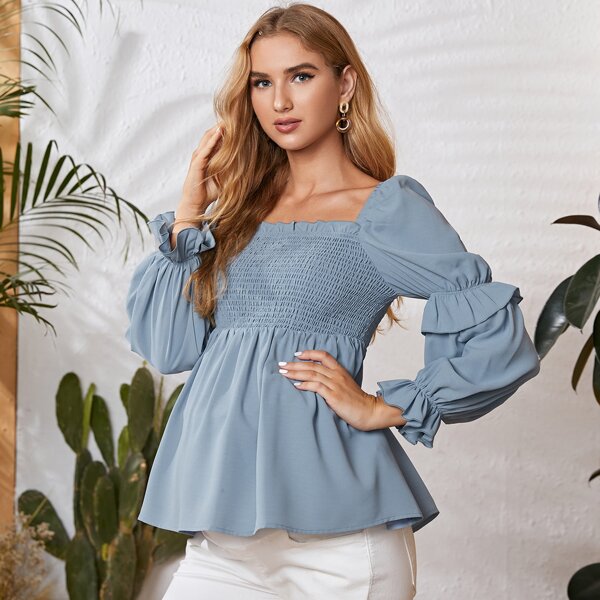 

Maternity Gathered Sleeve Shirred Peplum Top, Dusty blue