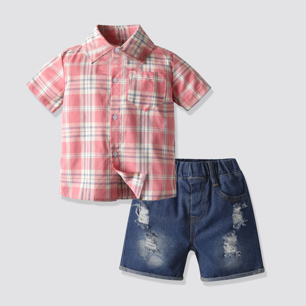 

Toddler Boys Plaid Shirt With Ripped Denim Shorts, Multicolor