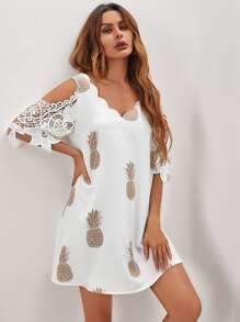 SHEIN VCAY Scallop Trim Contrast Lace Pineapple Dress - White - View 1