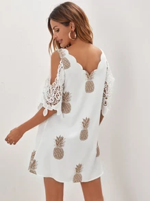 SHEIN VCAY Scallop Trim Contrast Lace Pineapple Dress - White - View 2