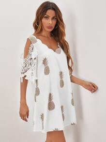 SHEIN VCAY Scallop Trim Contrast Lace Pineapple Dress - White - View 5