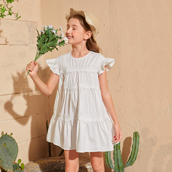 

Girls Butterfly Sleeve Lace Trim Smock Dress, White
