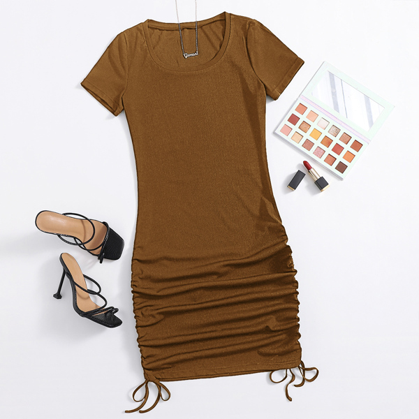 

Drawstring Ruched Side Scoop Neck Dress, Coffee brown