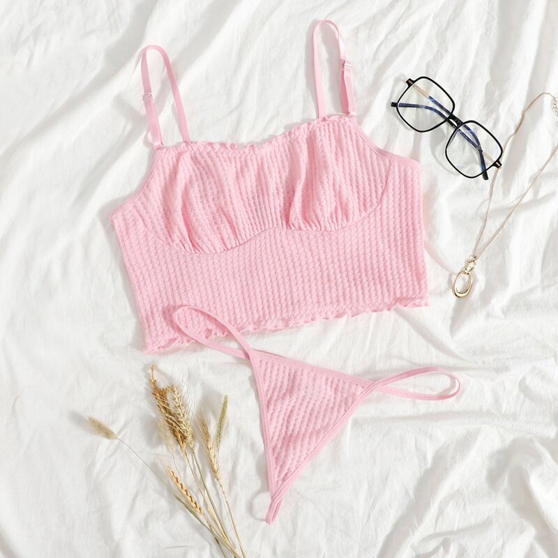 

Solid Frill Lingerie Set, Pink