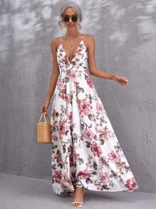 SHEIN VCAY Floral Plunging Neck Crisscross Backless Cami Dress