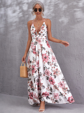 فستان كامي مكشوف الظهر متقاطع بعنق عميق ومزهر