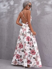 SHEIN VCAY Floral Plunging Neck Crisscross Backless Cami Dress