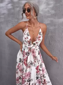 SHEIN VCAY Floral Plunging Neck Crisscross Backless Cami Dress